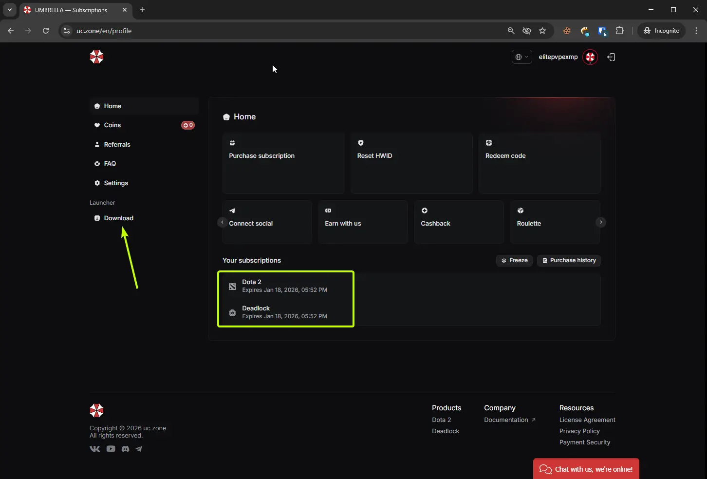 Личный кабинет Umbrella: выделены подписки Dota 2 и Deadlock и раздел Download
