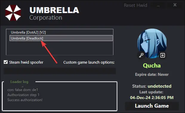 Лаунчер Umbrella: выбран Deadlock, ниже доступна кнопка Launch Game